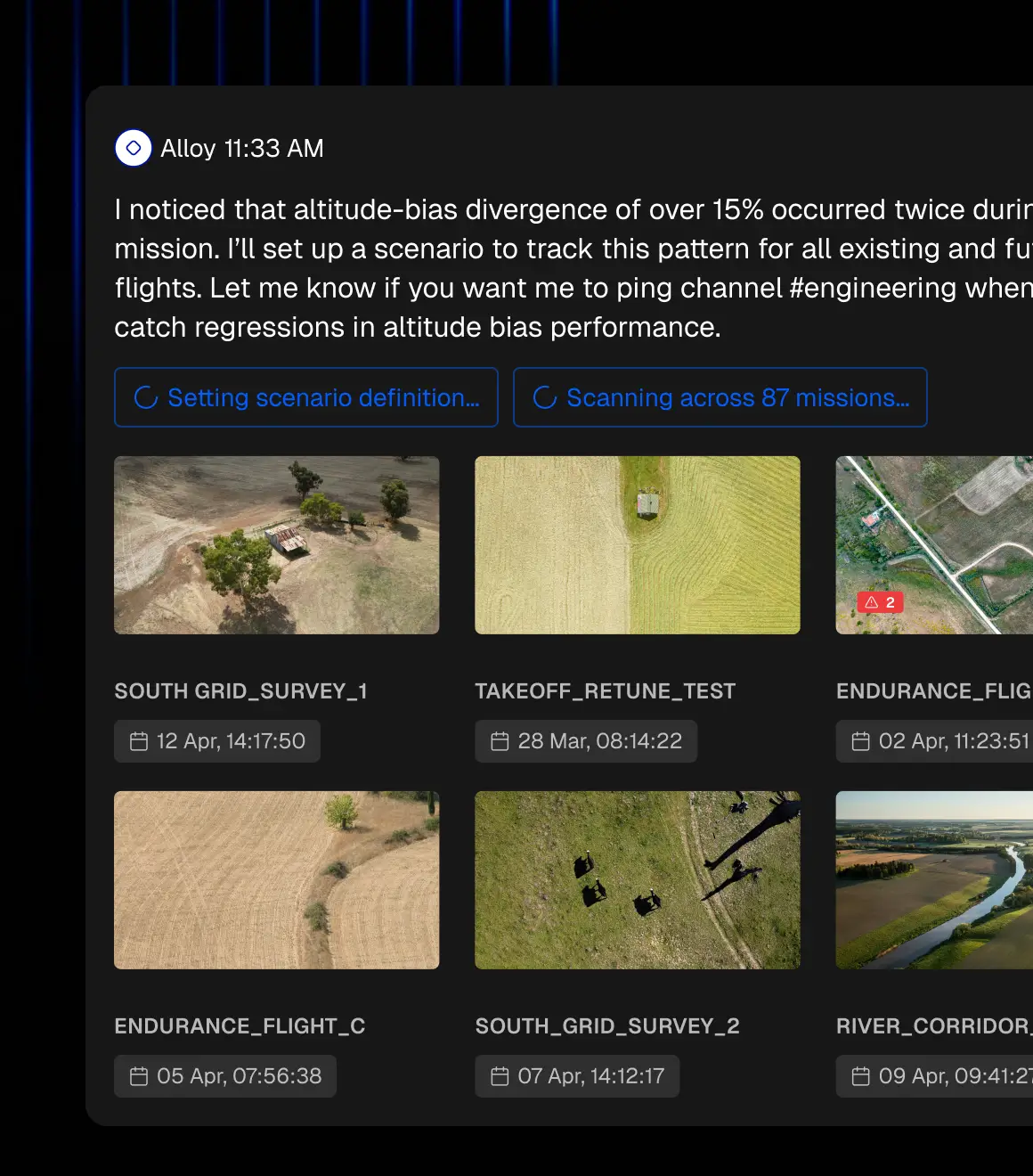 Alloy identifying recurring flight patterns across robot missions