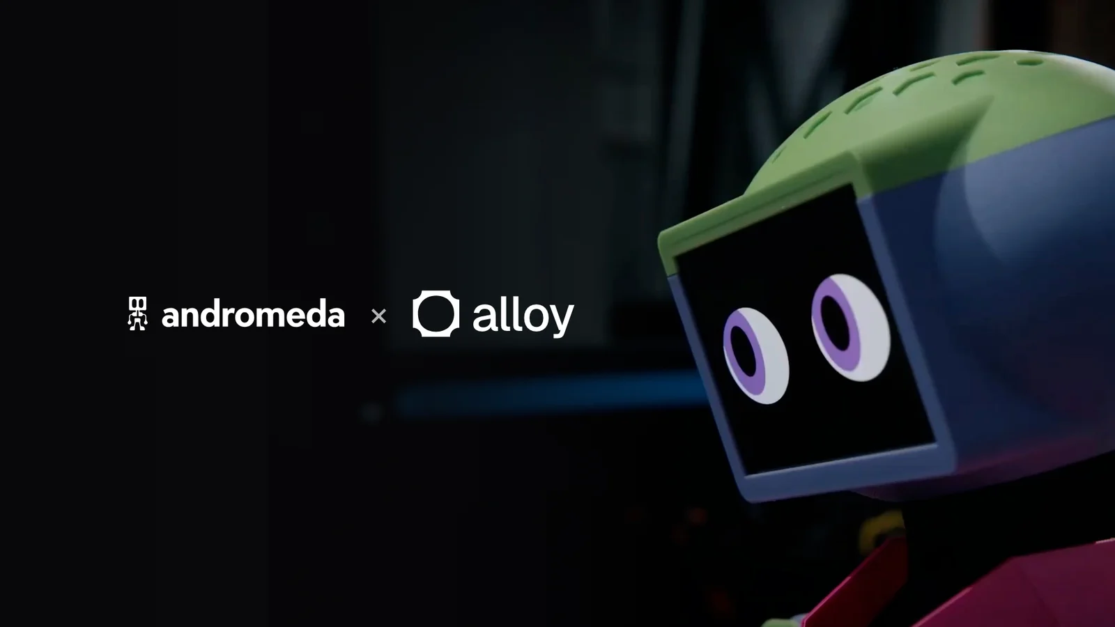 Close-up of Abi, Andromeda's humanoid companion robot, with a green and blue head and a screen face showing two large eyes, beside the Andromeda and Alloy logos.
