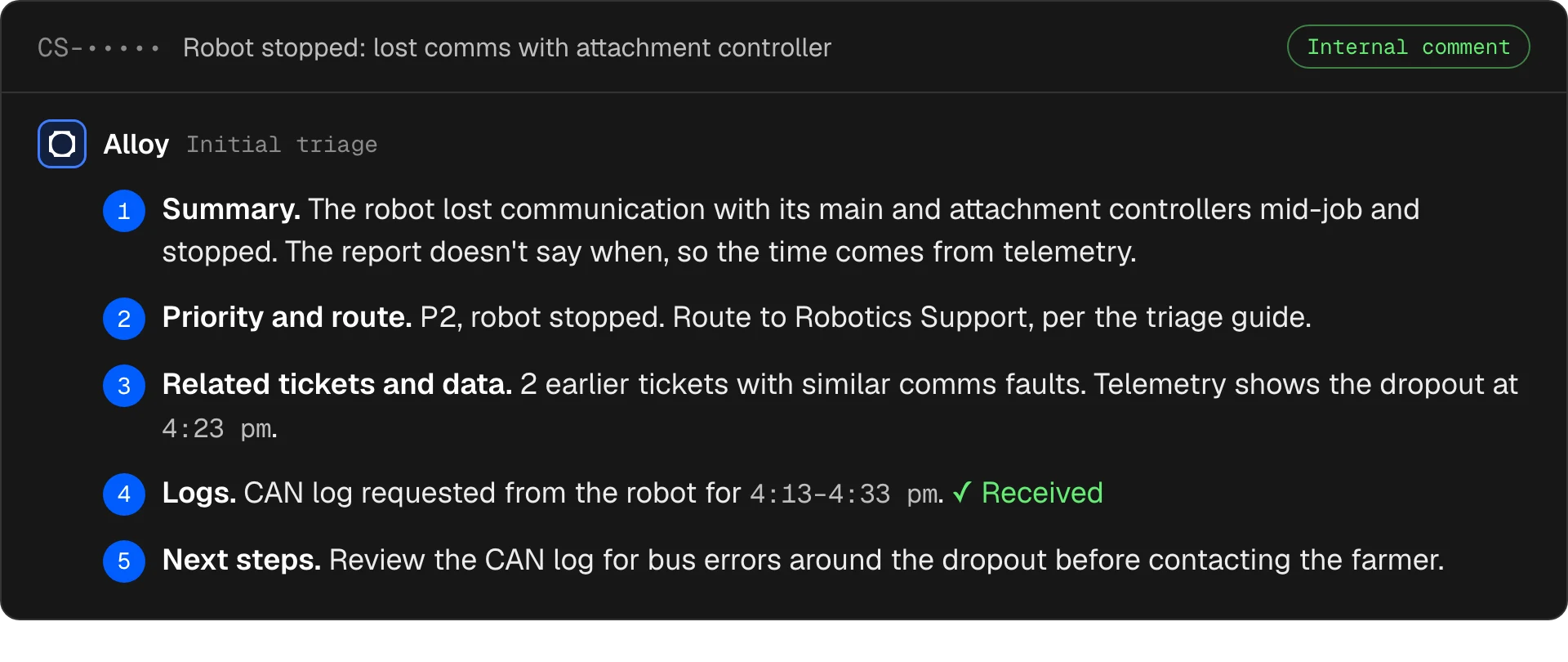 Illustrative Alloy internal comment on a Jira ticket, annotated with five steps: summary, priority and route, related tickets and telemetry, logs requested from the robot, and next steps for a person to review.